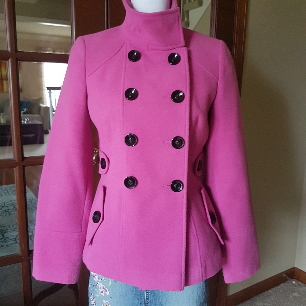 Fuchsia Pink Double Breasted Pea Coat with Black Buttons from London - Picture 4 of 17